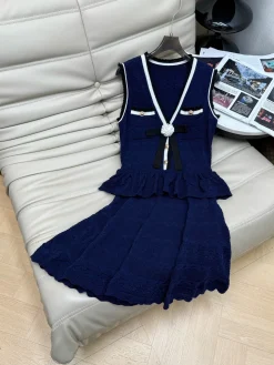 CHANEL Dresses Openwork Knit Navy-White S-M-L C10202609063153