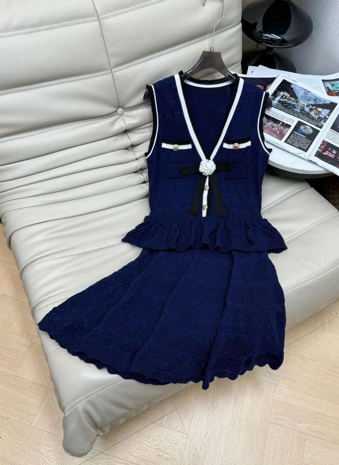 CHANEL Dresses Openwork Knit Navy-White S-M-L C10202609063153