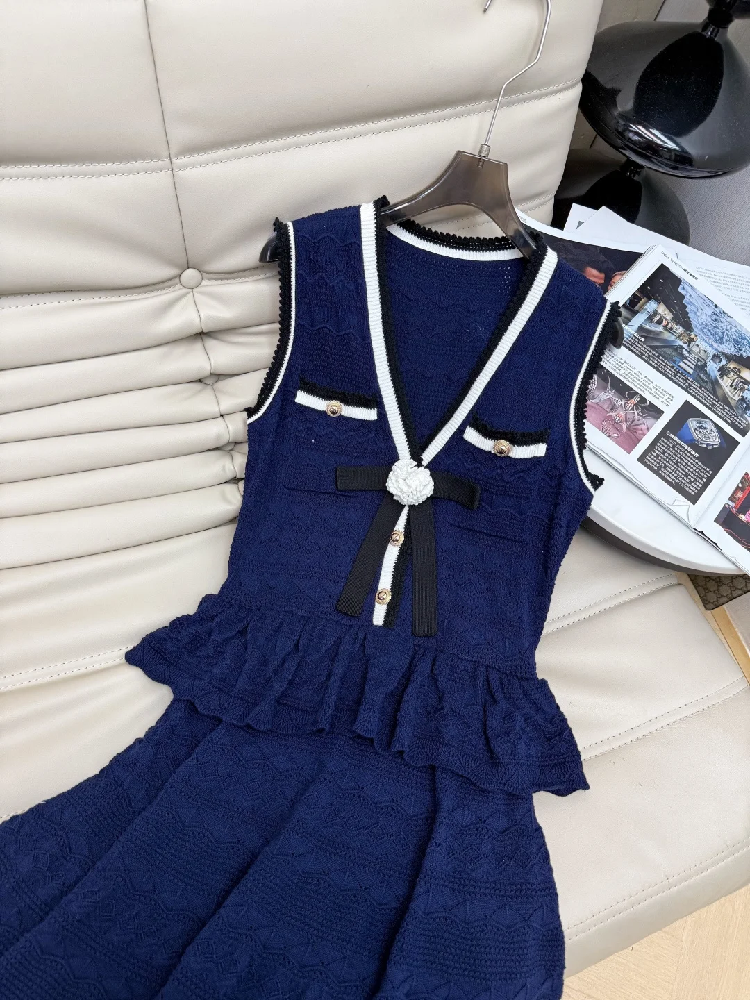 CHANEL Dresses Openwork Knit Navy-White S-M-L C10202609063153 - Image 2