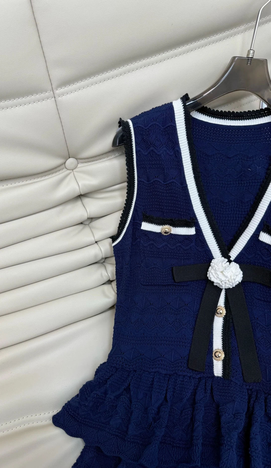 CHANEL Dresses Openwork Knit Navy-White S-M-L C10202609063153 - Image 3