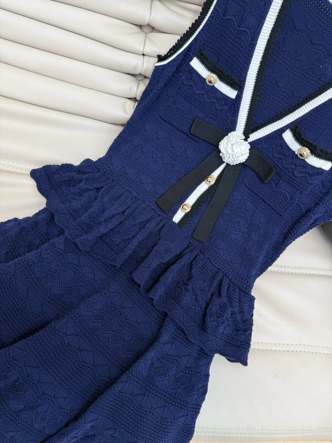 CHANEL Dresses Openwork Knit Navy-White S-M-L C10202609063153 - Image 4