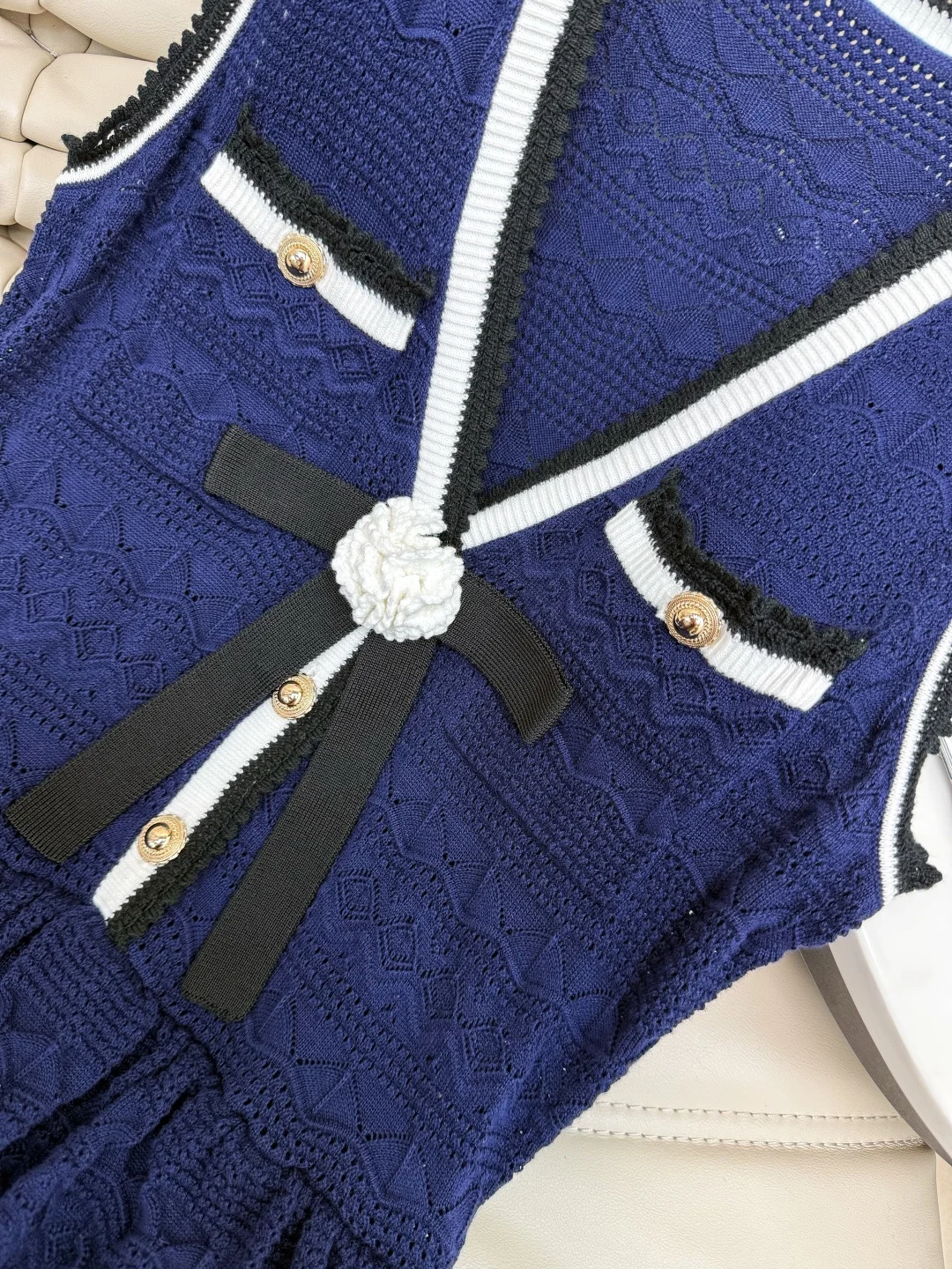 CHANEL Dresses Openwork Knit Navy-White S-M-L C10202609063153 - Image 5