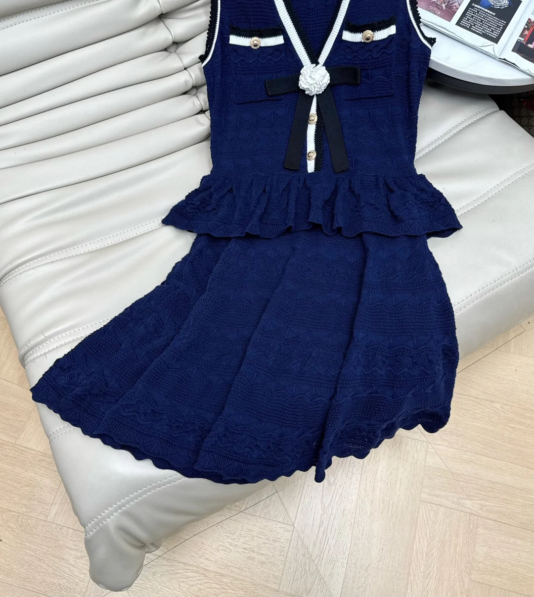 CHANEL Dresses Openwork Knit Navy-White S-M-L C10202609063153 - Image 6