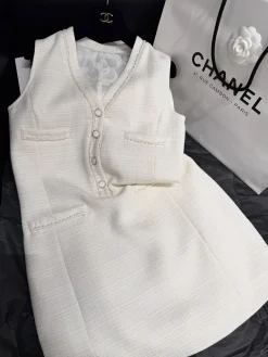 CHANEL Dresses Shiny Fabric White S-L C15202609063084