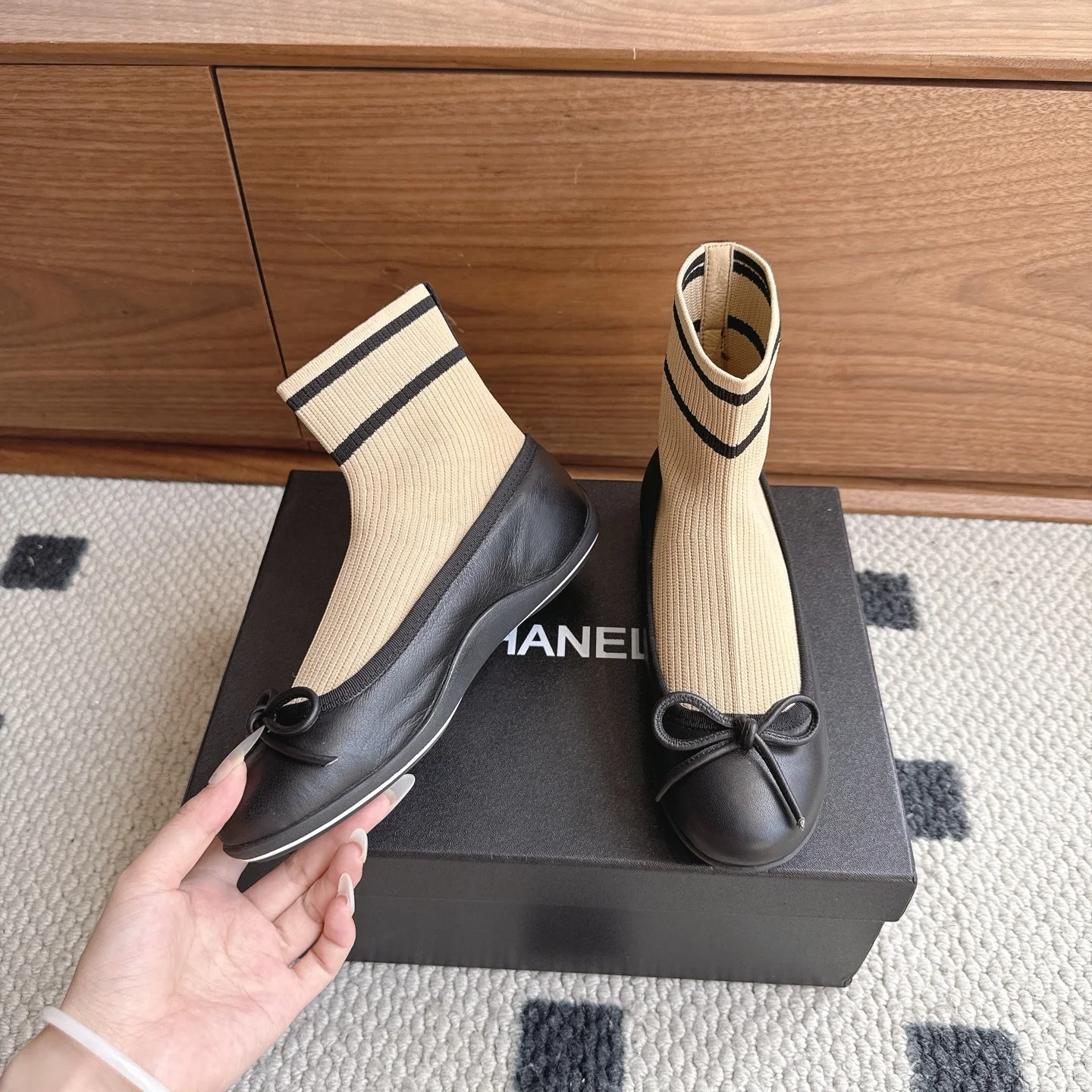CHANEL Flats Lamb Leather Knit Black-Beige EU35-41 B40202609110225 - Image 3