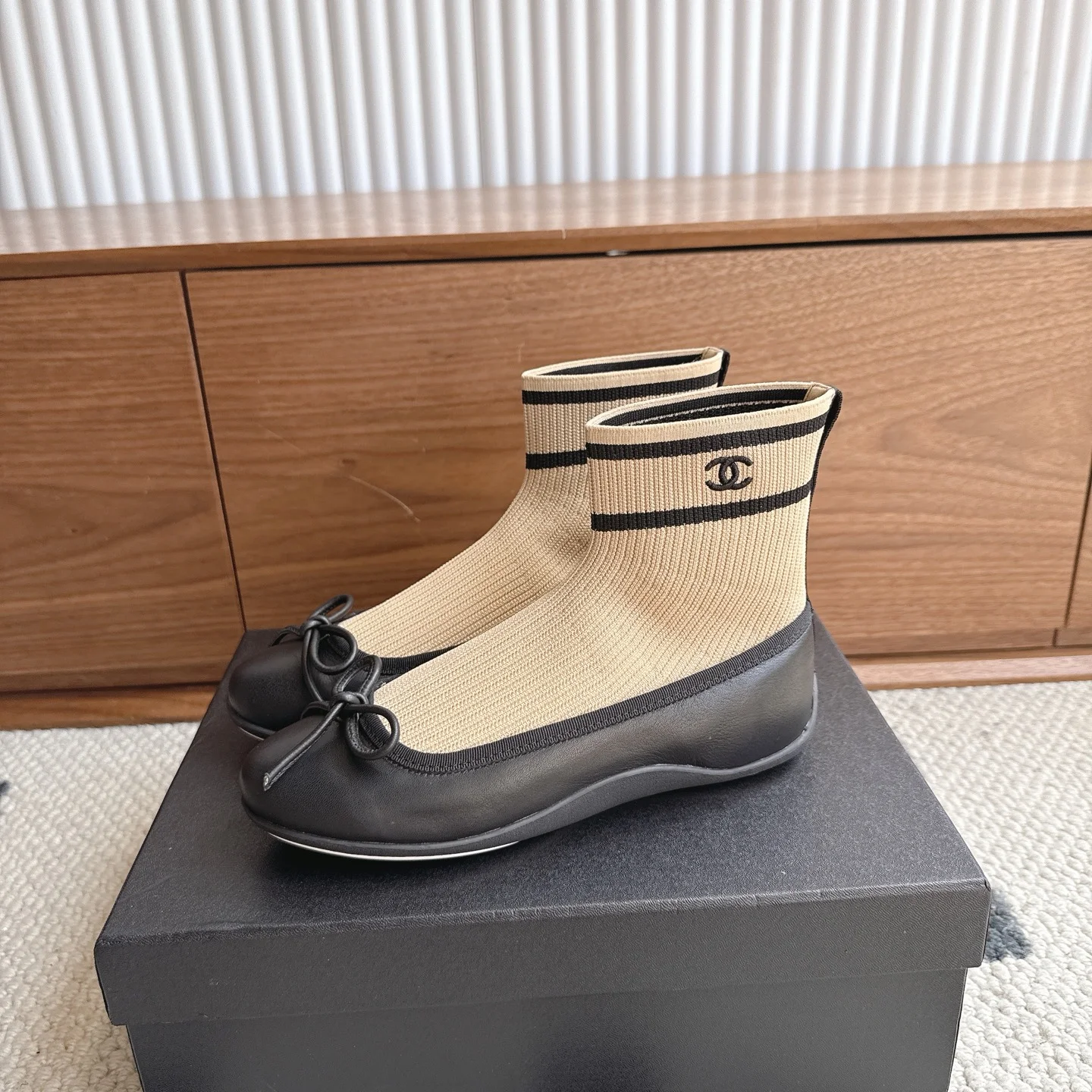 CHANEL Flats Lamb Leather Knit Black-Beige EU35-41 B40202609110225 - Image 4