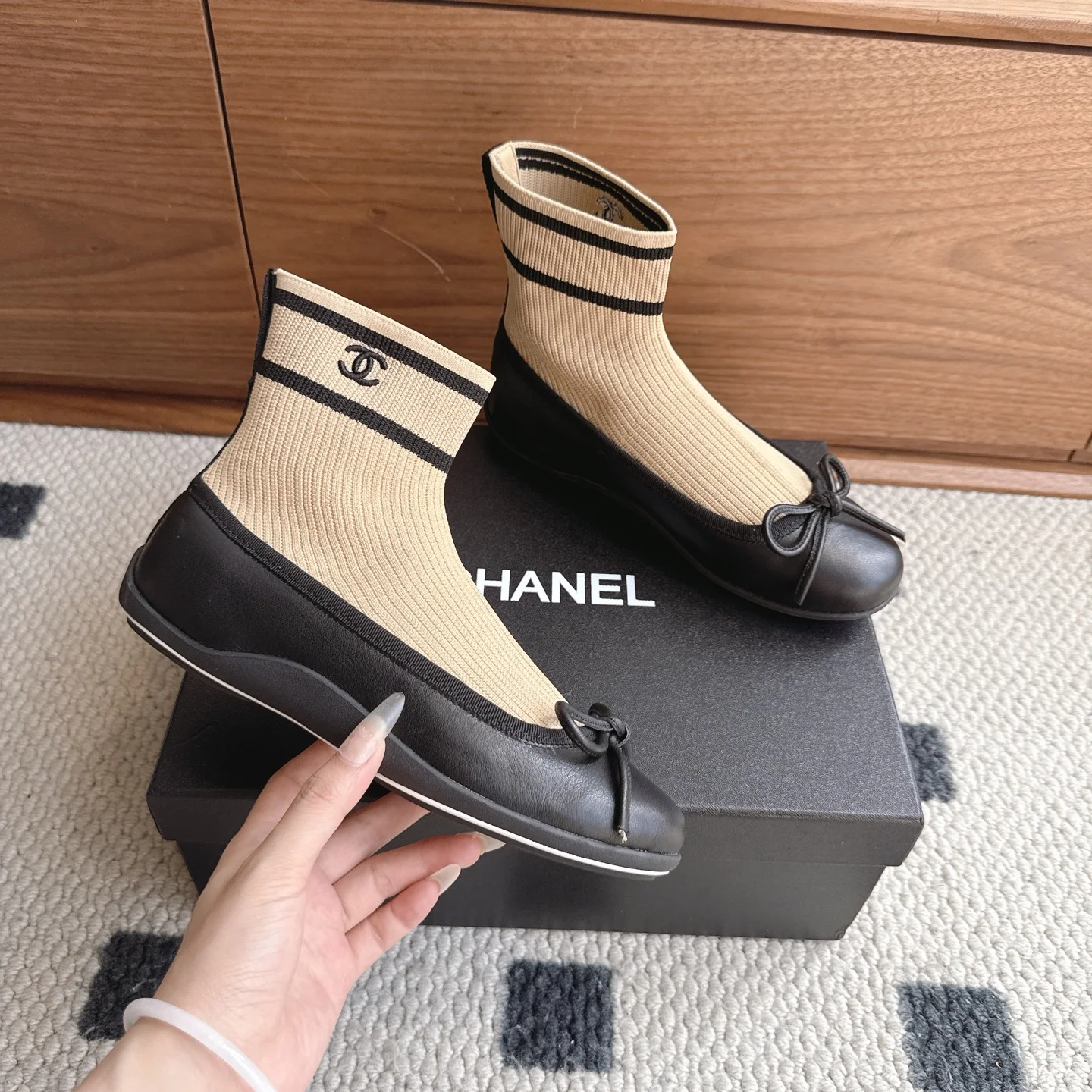 CHANEL Flats Lamb Leather Knit Black-Beige EU35-41 B40202609110225 - Image 5