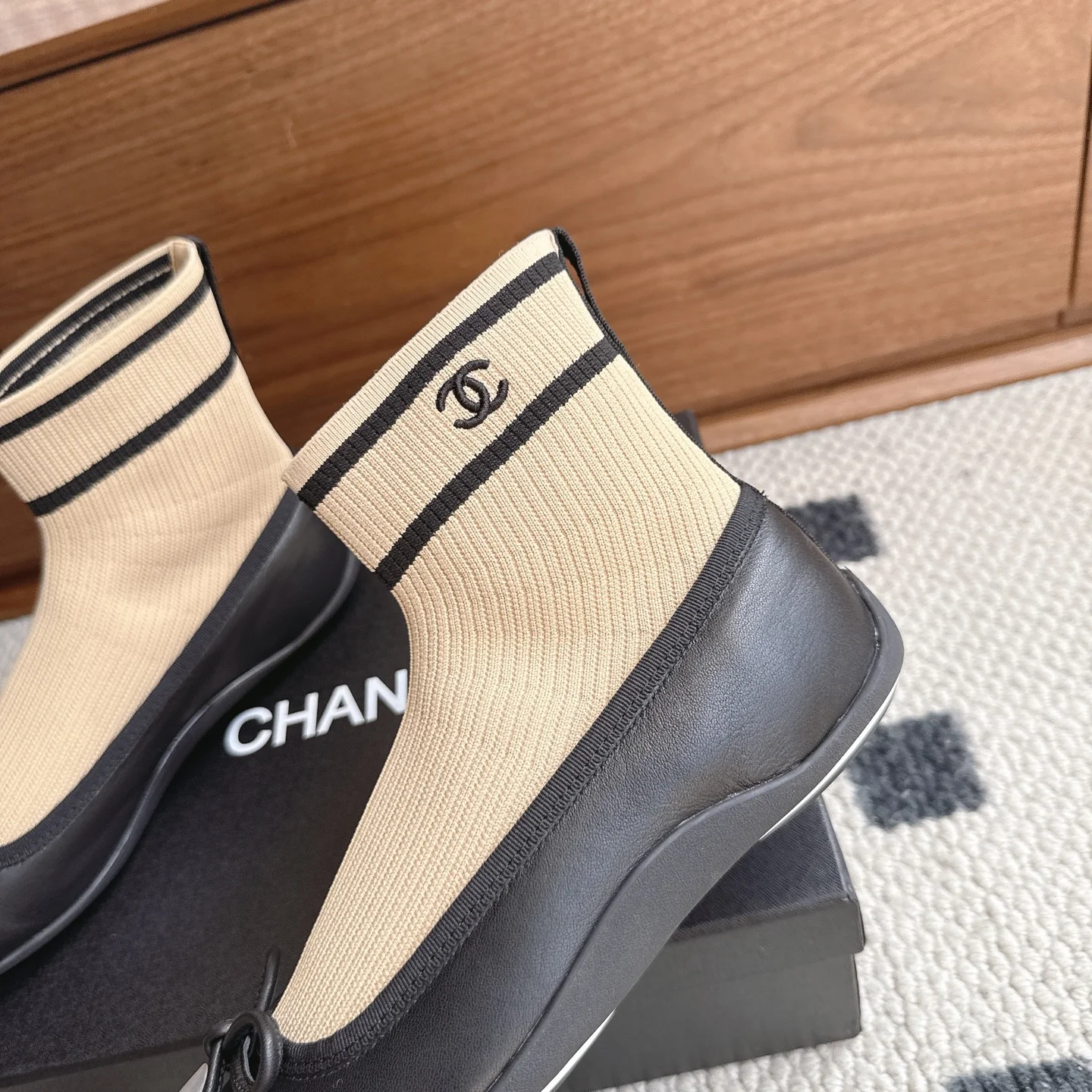 CHANEL Flats Lamb Leather Knit Black-Beige EU35-41 B40202609110225 - Image 7