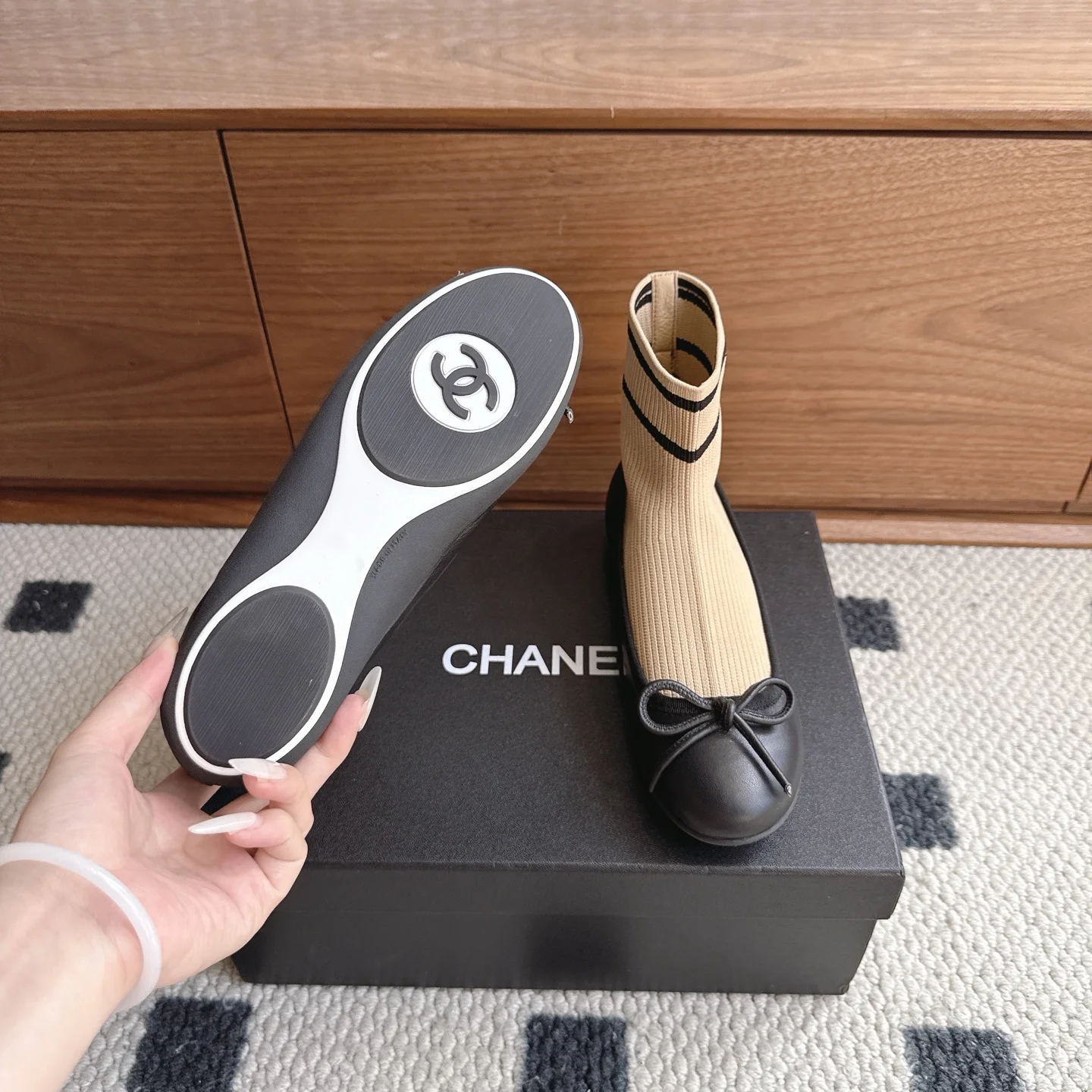 CHANEL Flats Lamb Leather Knit Black-Beige EU35-41 B40202609110225 - Image 9