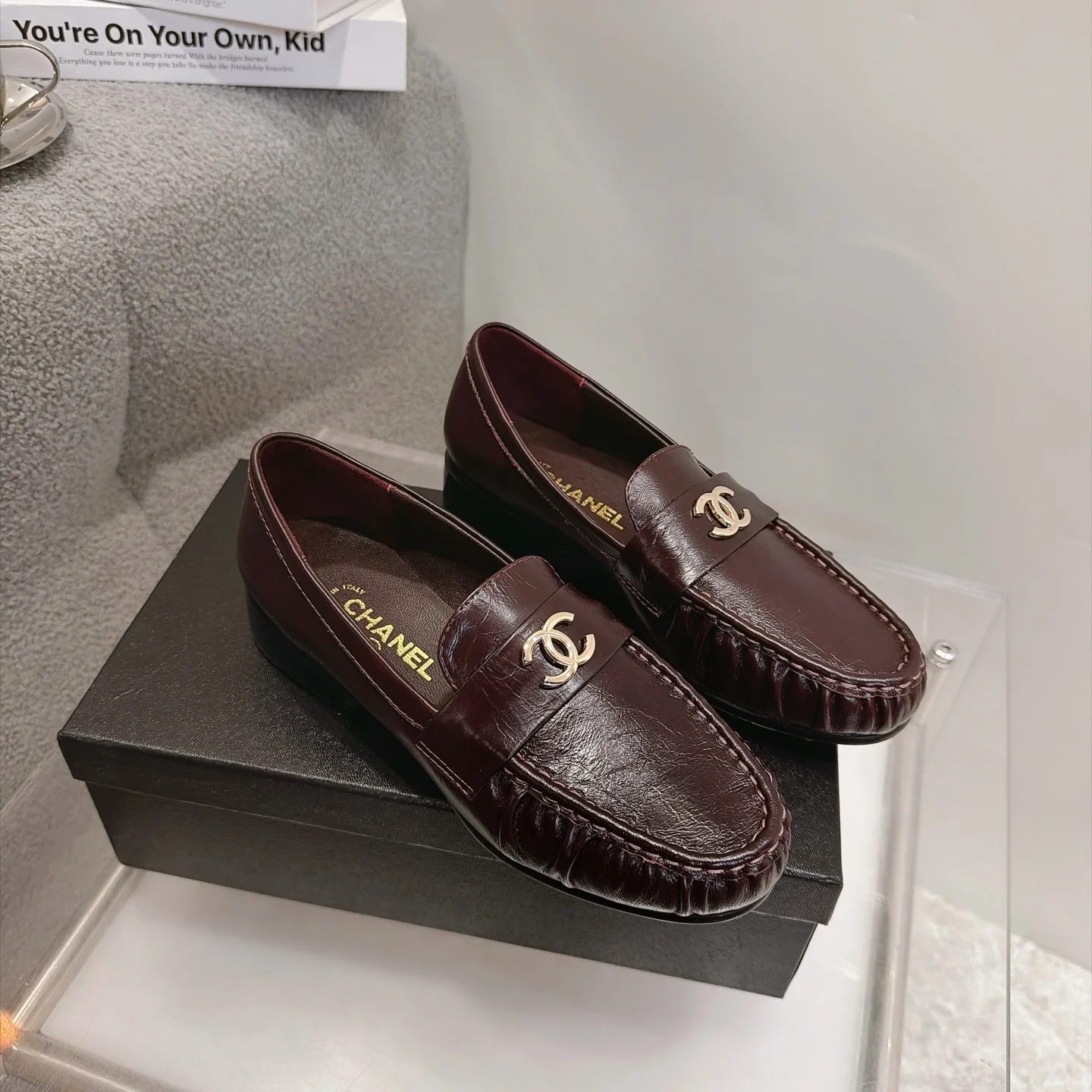 CHANEL Loafers Calfskin Leather Brown-Gold EU35-41 B20202609111269