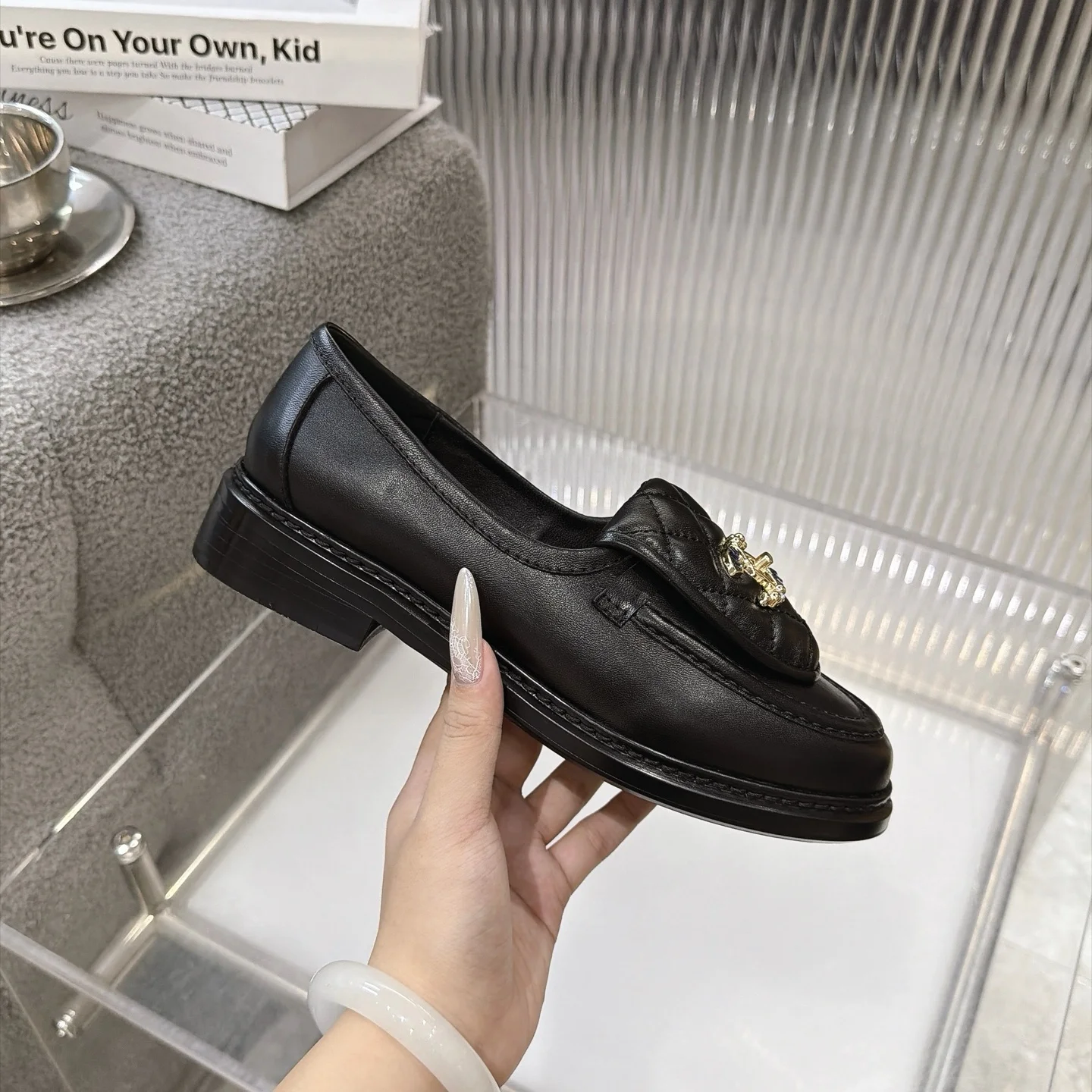 CHANEL Loafers Lambskin Black-Gold EU35-40 B20202609111274 - Image 8