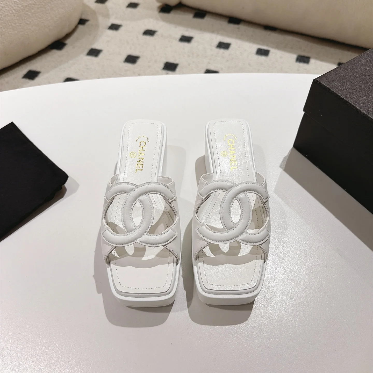 CHANEL Mules Lamb Leather White-Gold EU35-39 B30202609110873