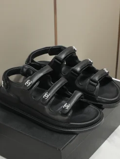 CHANEL Sandals Calfskin Leather Black-Silver EU35-40 B50202609111998