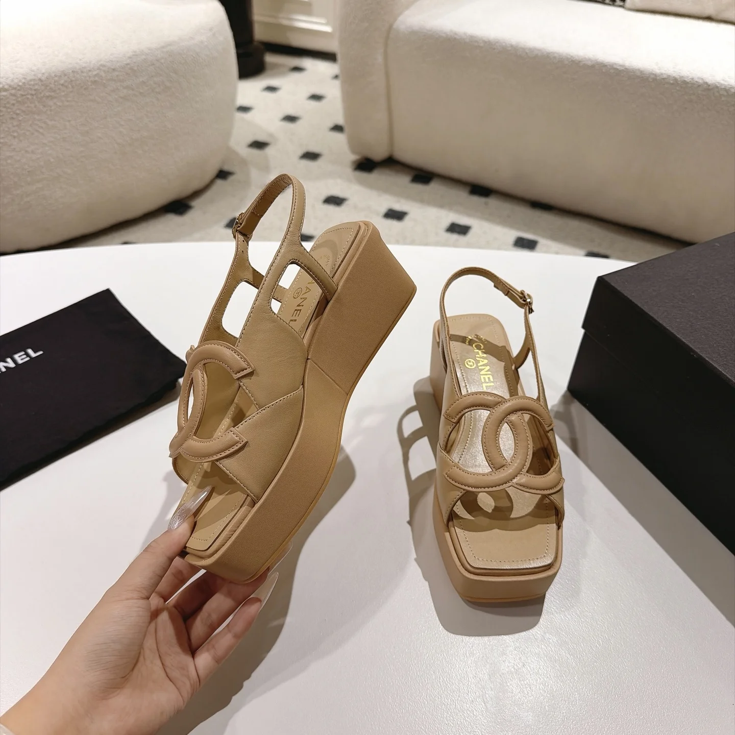 CHANEL Sandals Lamb Leather Beige-Gold EU35-41 B40202609110882 - Image 3
