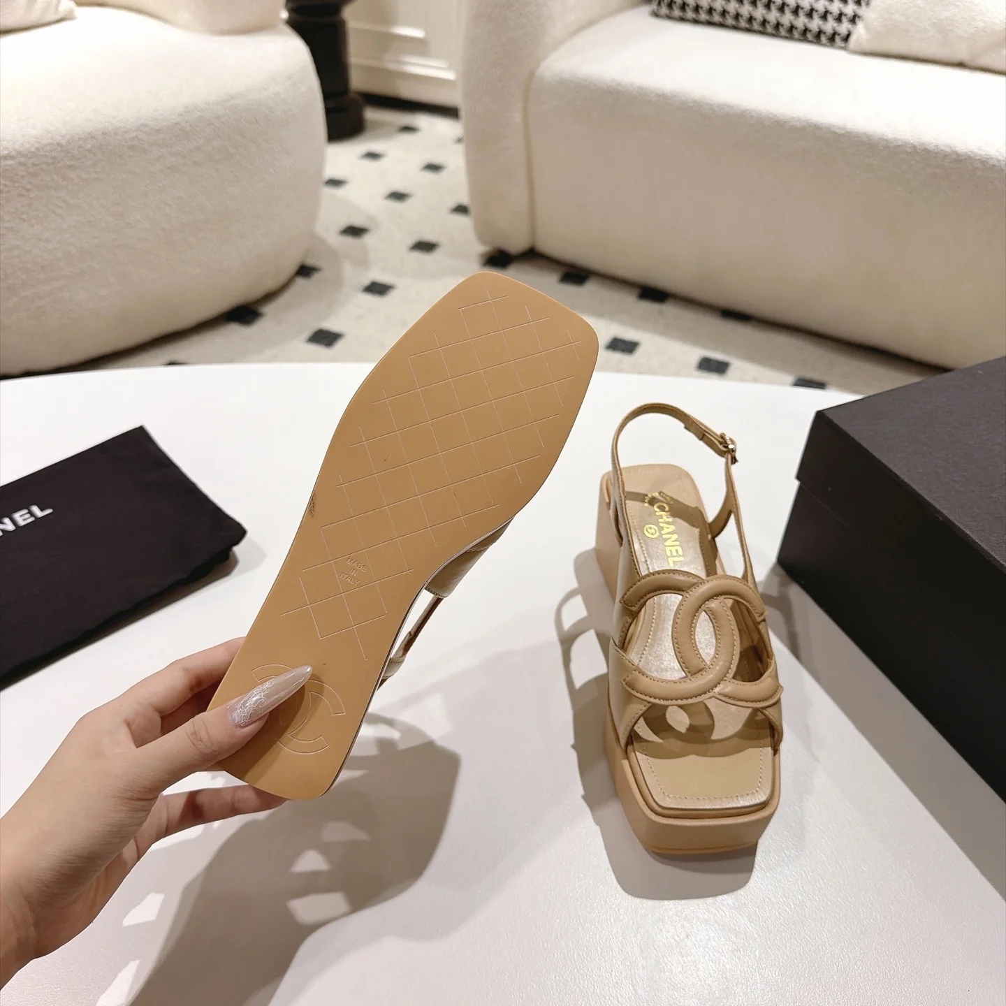 CHANEL Sandals Lamb Leather Beige-Gold EU35-41 B40202609110882 - Image 9