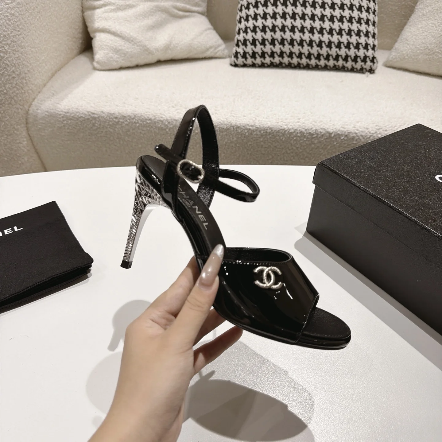CHANEL Sandals Lamb Leather Black-Silver EU35-39 B40202609110864 - Image 5