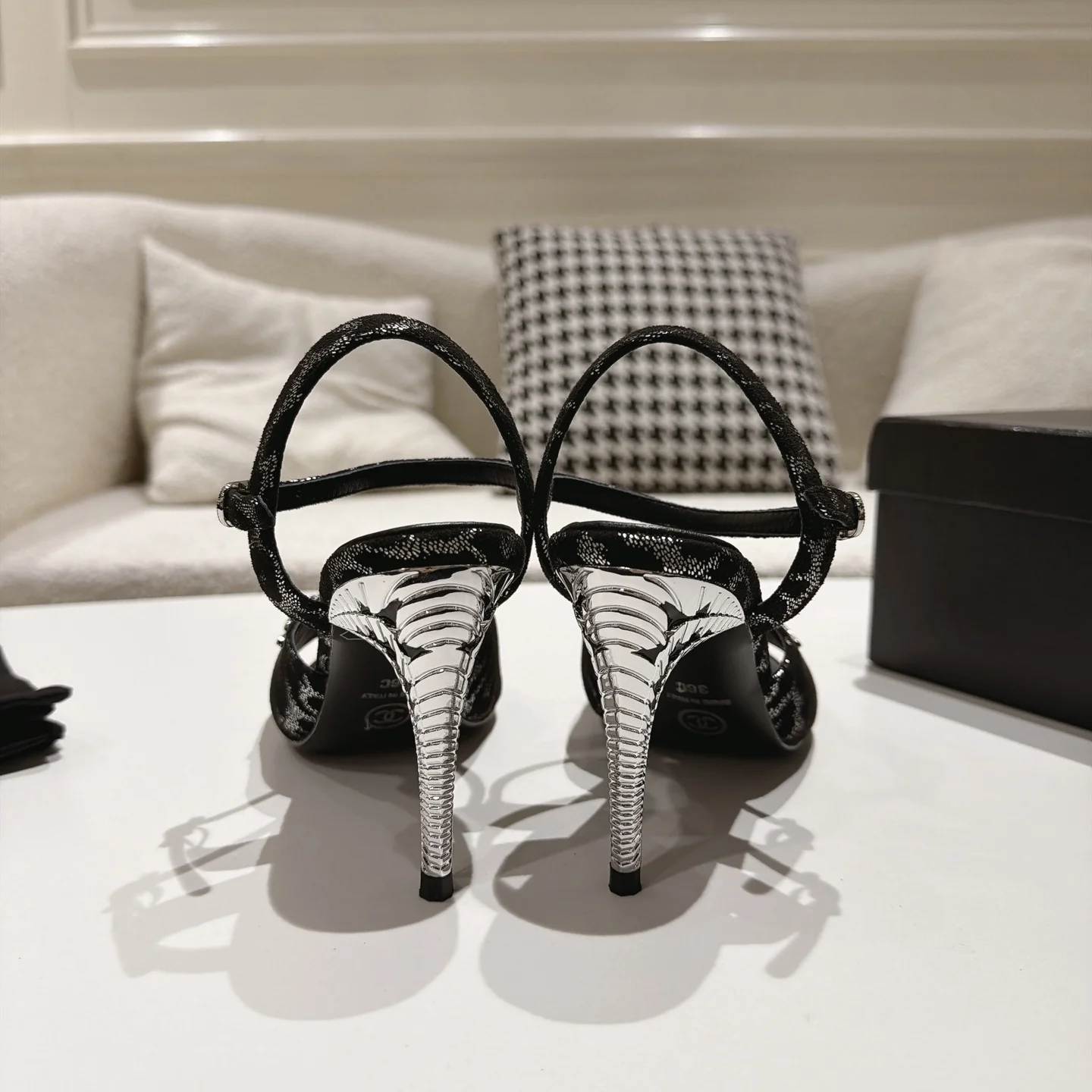 CHANEL Sandals Lamb Leather Black-Silver EU35-39 B40202609110867 - Image 8