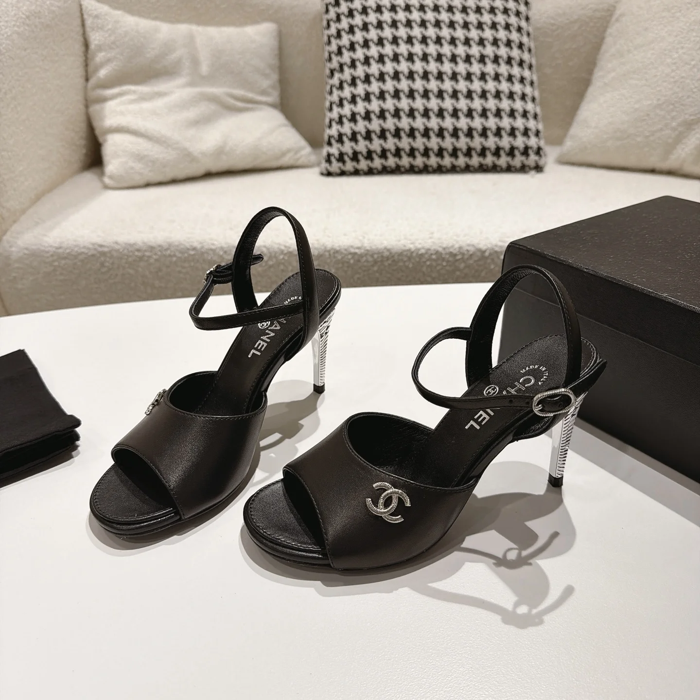CHANEL Sandals Lambskin Leather Black-Silver EU35-39 B40202609110861 - Image 4