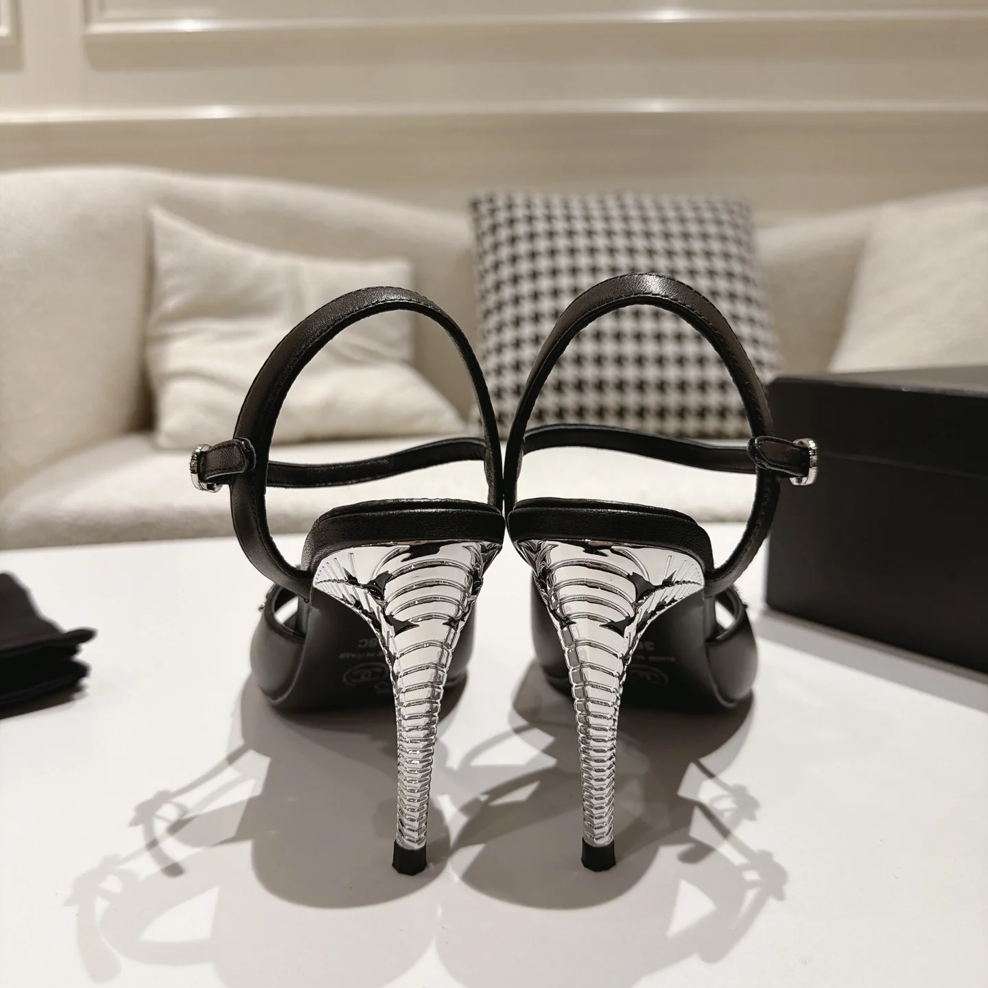 CHANEL Sandals Lambskin Leather Black-Silver EU35-39 B40202609110861 - Image 9