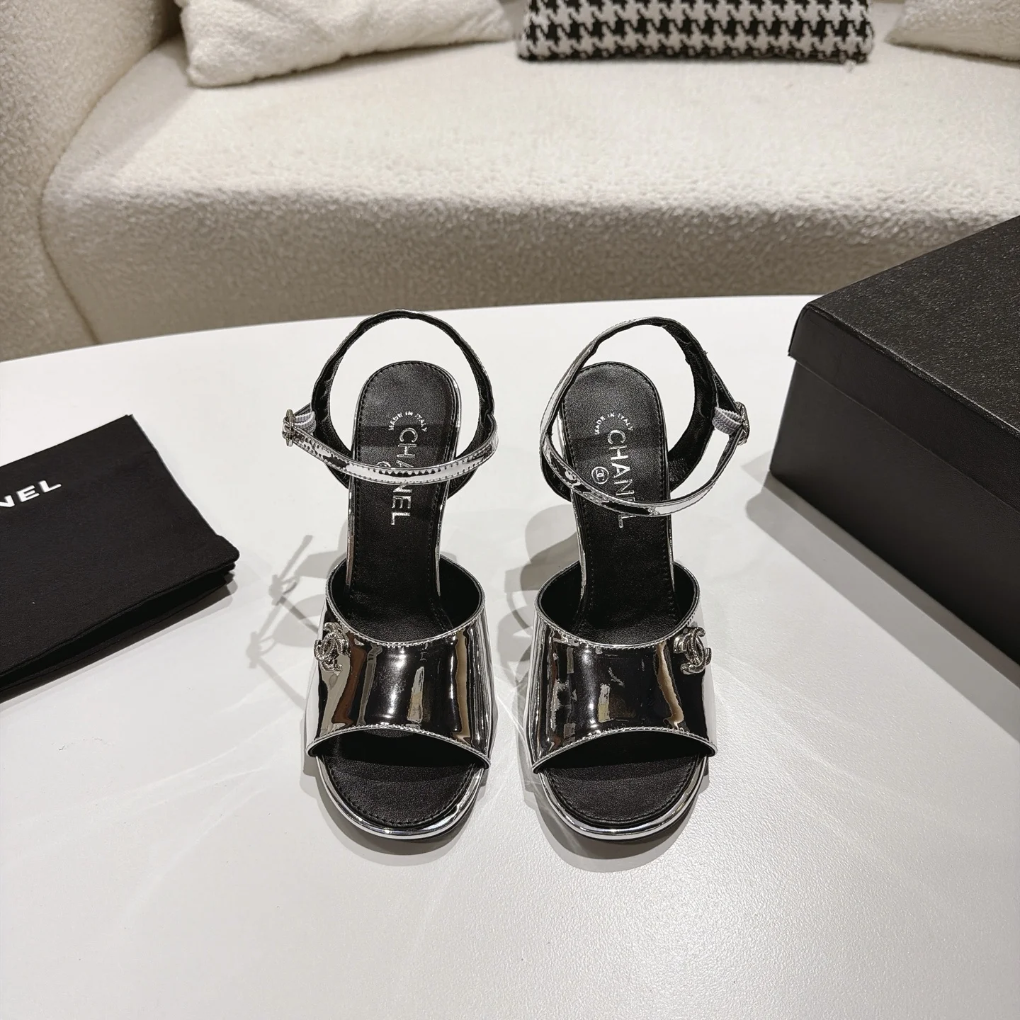 CHANEL Sandals Lambskin Leather Silver-Black EU35-39 B40202609110866