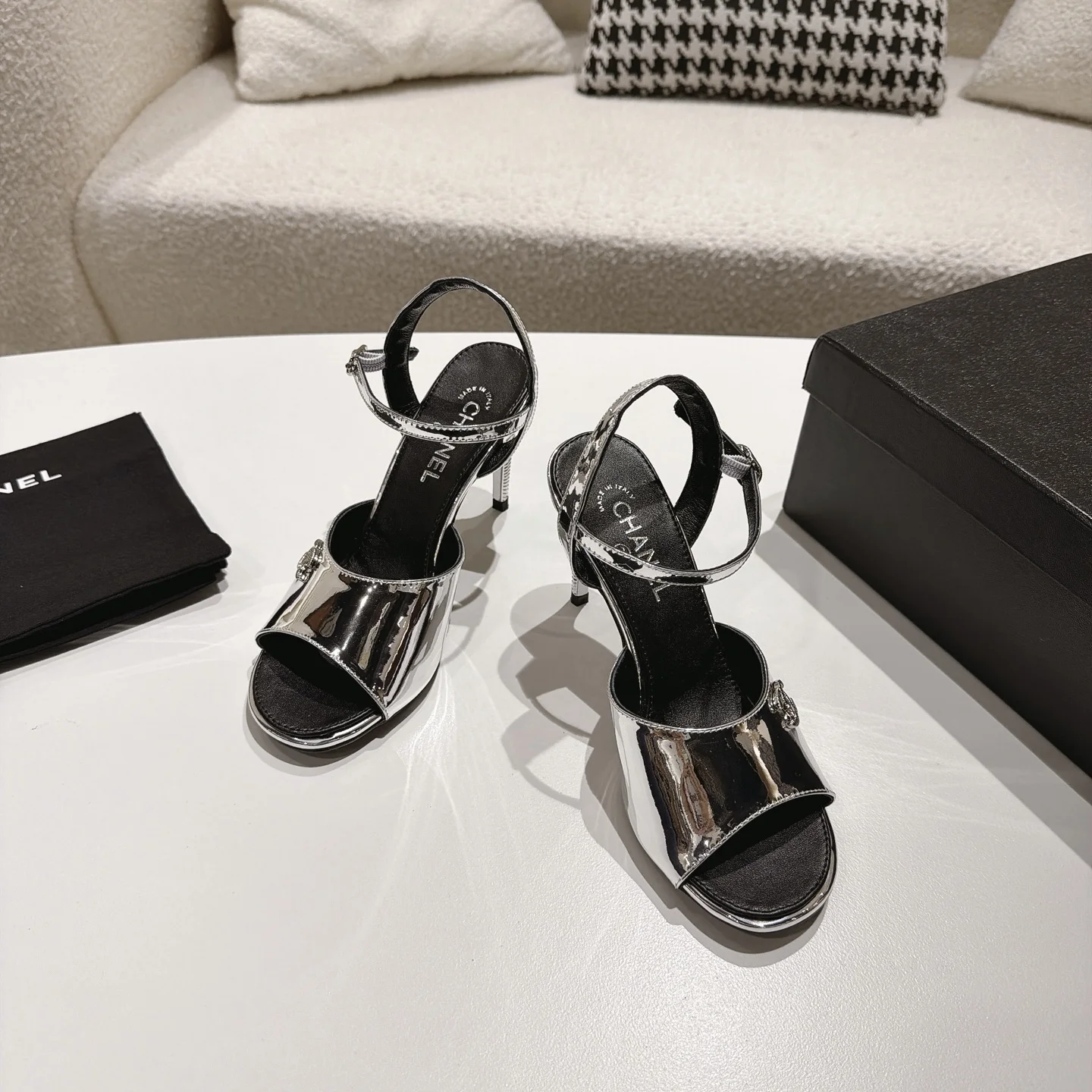 CHANEL Sandals Lambskin Leather Silver-Black EU35-39 B40202609110866 - Image 2
