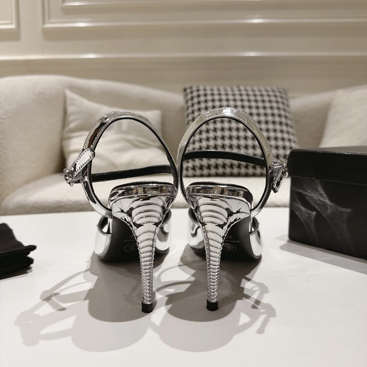 CHANEL Sandals Lambskin Leather Silver-Black EU35-39 B40202609110866 - Image 9