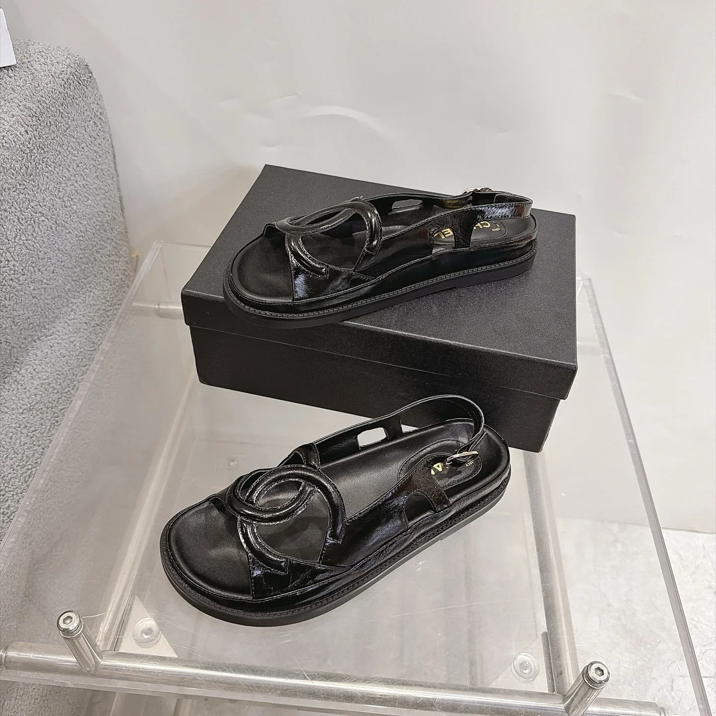 CHANEL Sandals Oiled Leather Black EU35-40 B20202609112001