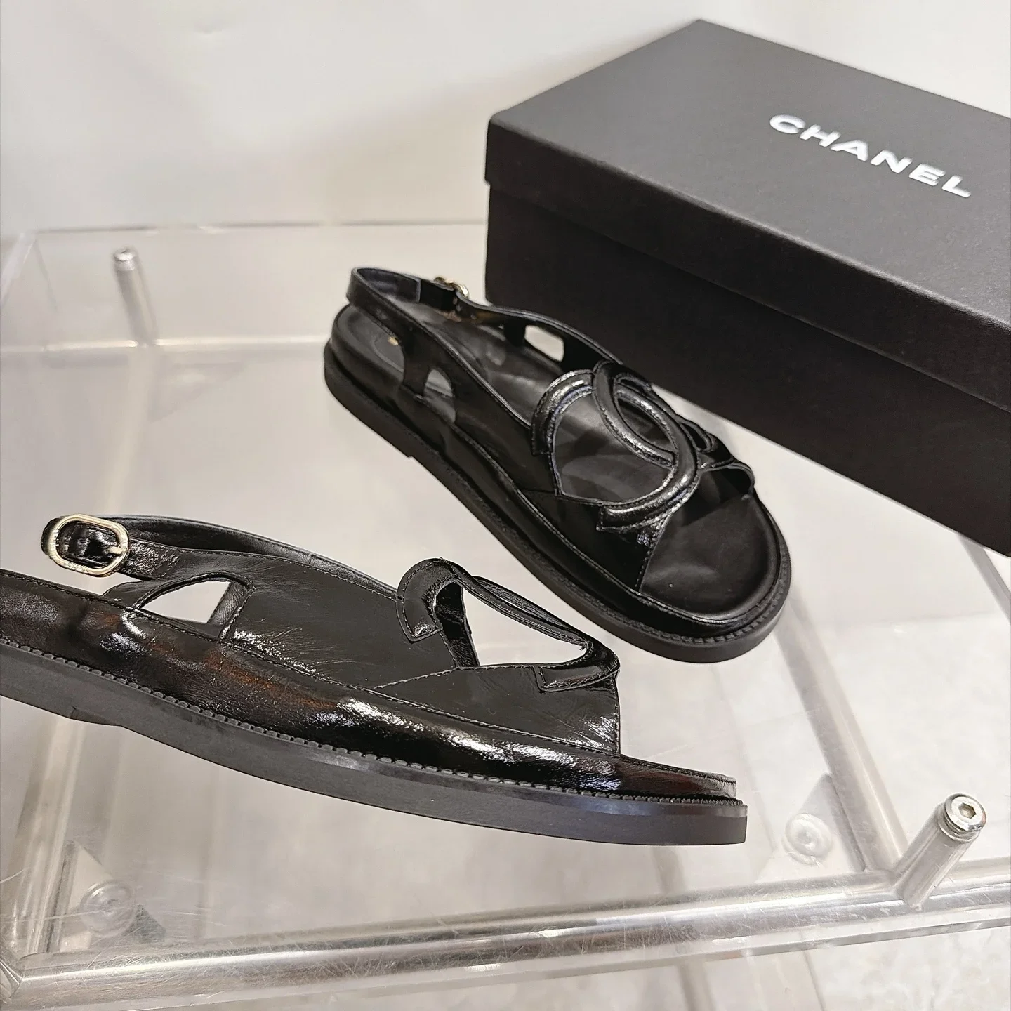 CHANEL Sandals Oiled Leather Black EU35-40 B20202609112001 - Image 6