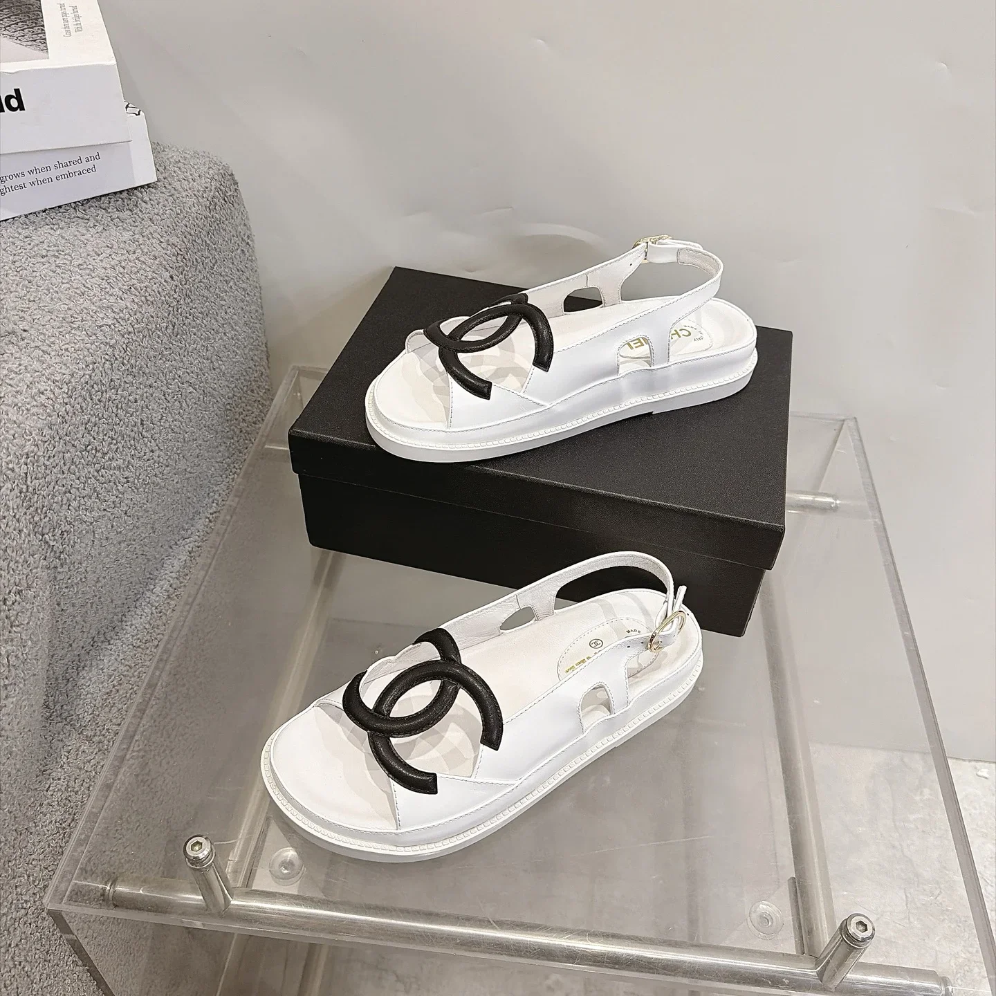 CHANEL Sandals Suede Leather White-Black EU35-40 B20202609112005
