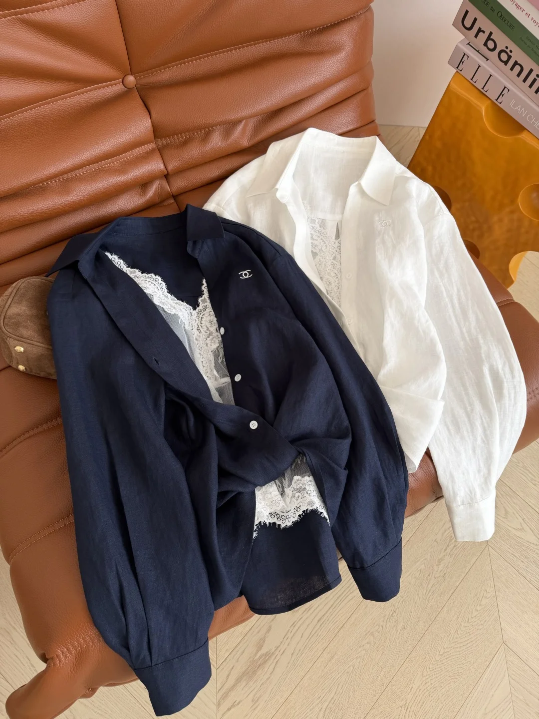CHANEL Shirts Linen Navy-White S-L C05202609060354