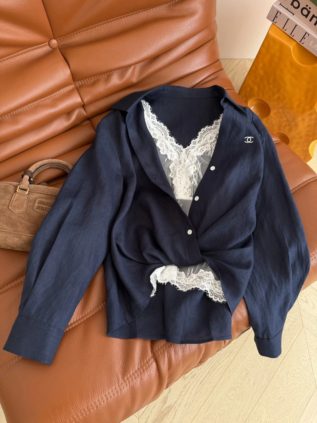 CHANEL Shirts Linen Navy-White S-L C05202609060354 - Image 5