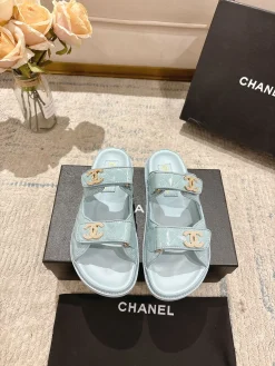 CHANEL Slides Leather Sheepskin Light Blue-Gold EU35-40 B20202609111243