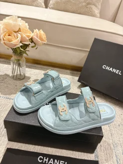Alternative view of CHANEL Slides Leather Sheepskin Light Blue-Gold EU35-40 B20202609111243