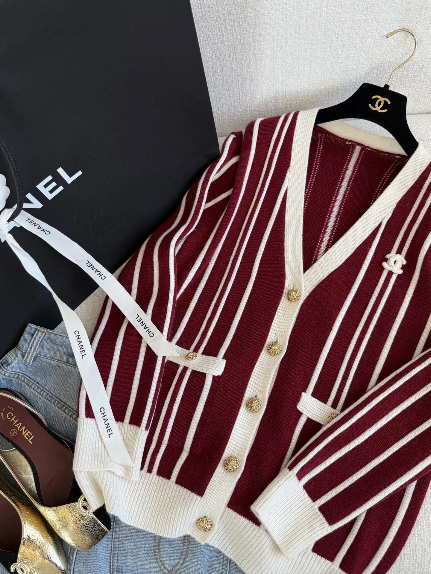 CHANEL Sweaters Cashmere Burgundy-White S-L C85202609060287
