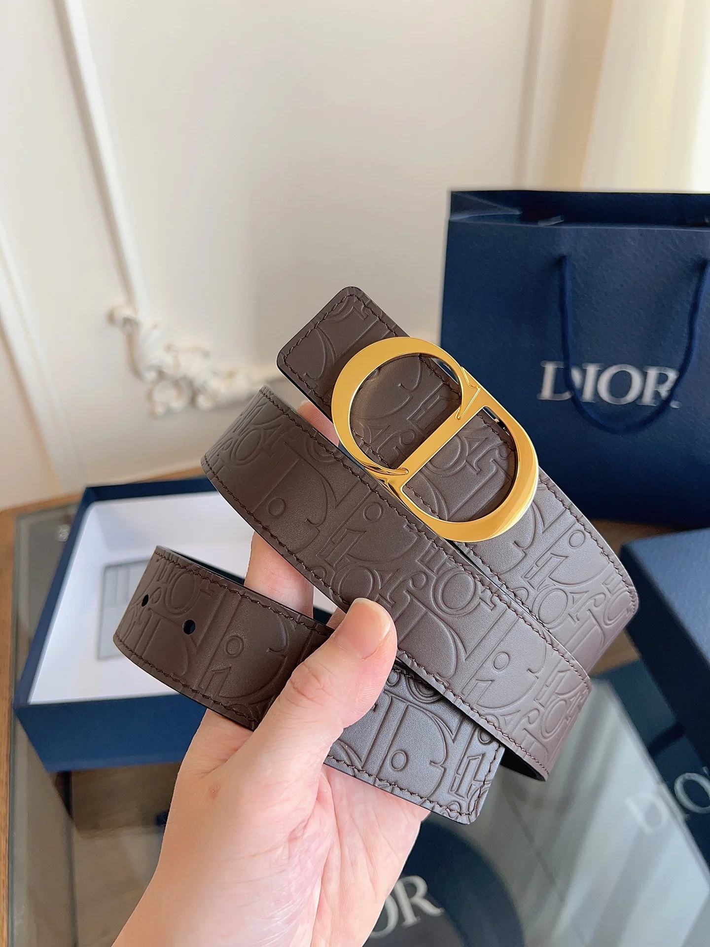 DIOR Belts Embossed Leather Brown-Gold A60202609070088