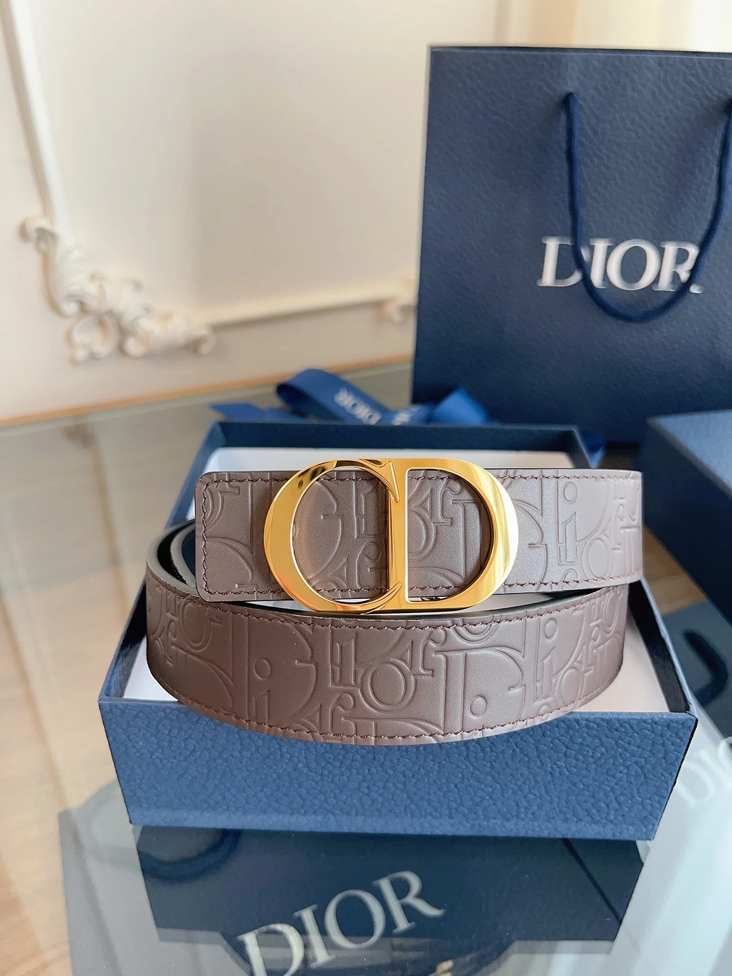 DIOR Belts Embossed Leather Brown-Gold A60202609070088 - Image 2