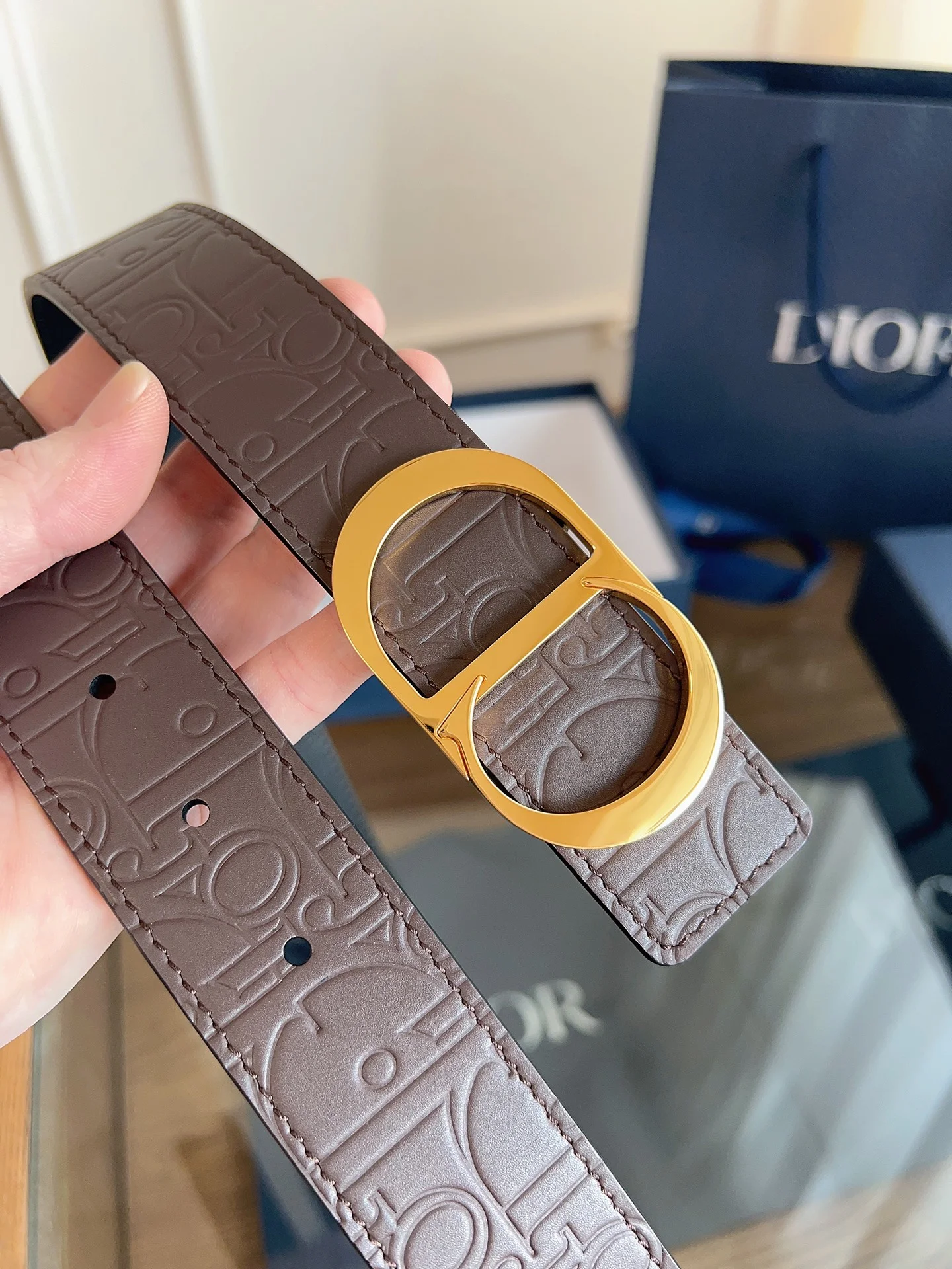 DIOR Belts Embossed Leather Brown-Gold A60202609070088 - Image 4