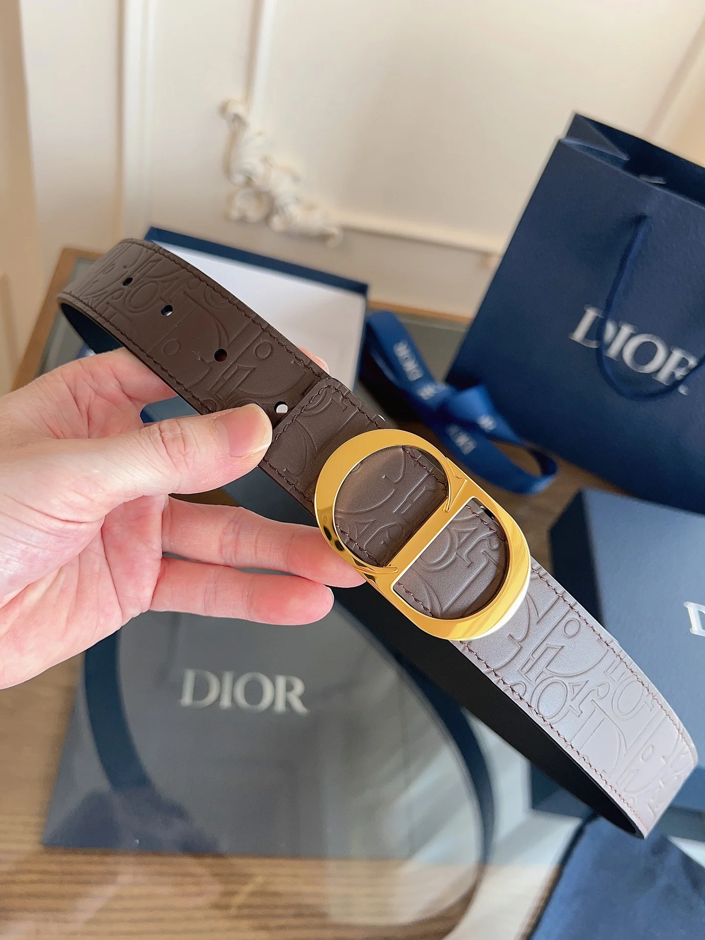 DIOR Belts Embossed Leather Brown-Gold A60202609070088 - Image 5