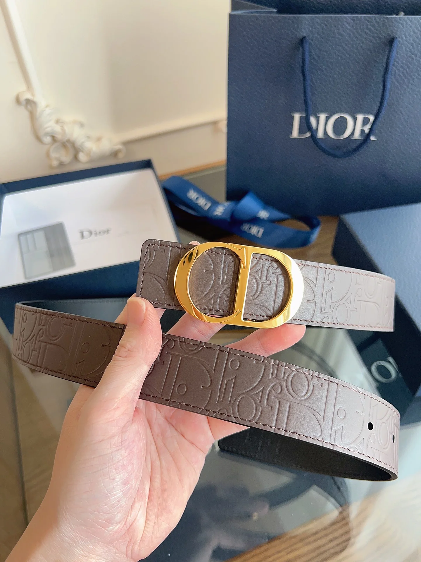 DIOR Belts Embossed Leather Brown-Gold A60202609070088 - Image 9