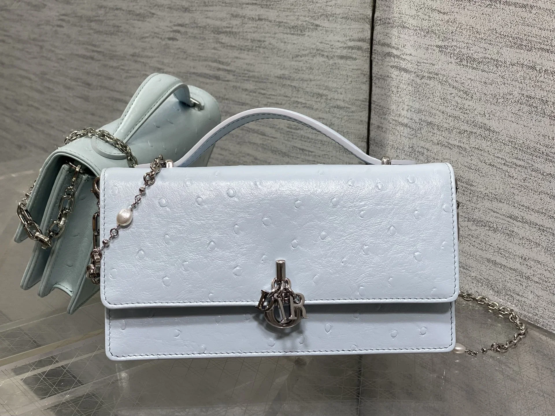 DIOR Clutches Bags Calfskin Ostrich Embossed Light Blue-Silver 21X11X5CM F50202609090150