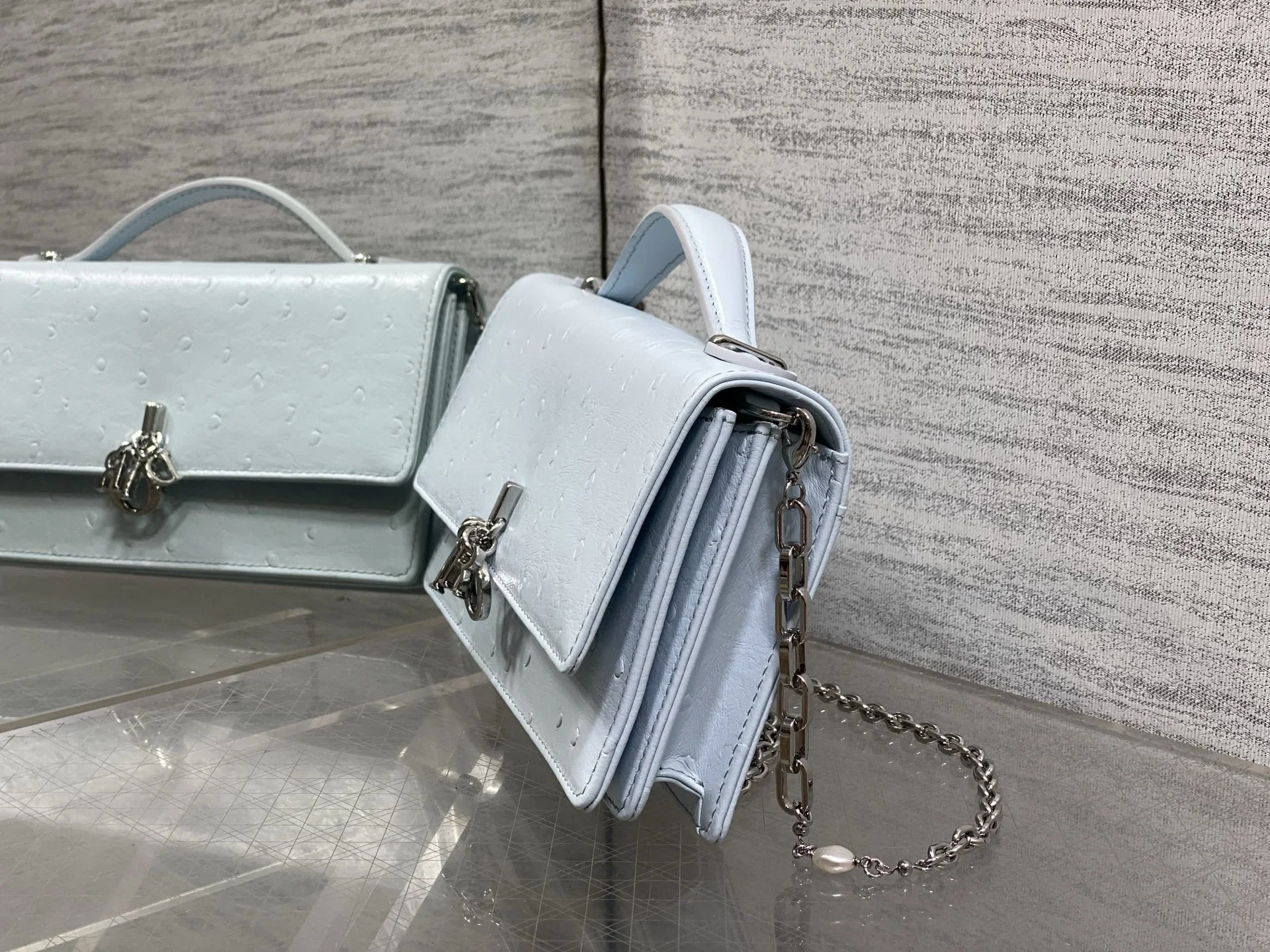 DIOR Clutches Bags Calfskin Ostrich Embossed Light Blue-Silver 21X11X5CM F50202609090150 - Image 6