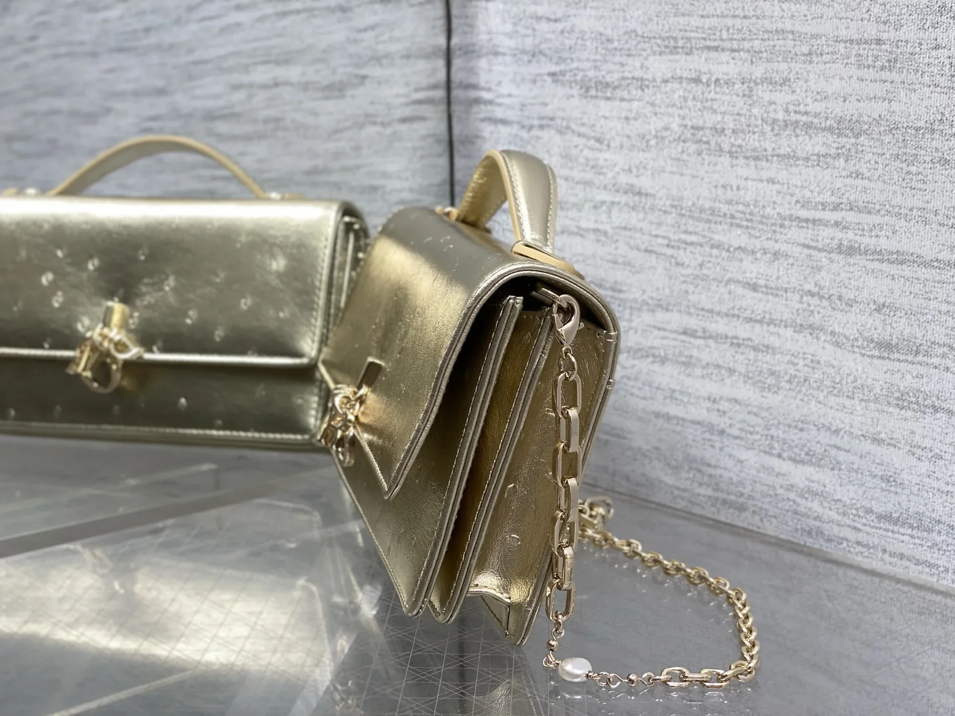DIOR Clutches Bags Ostrich Embossed Leather Gold 21X11X5CM F50202609090149 - Image 6