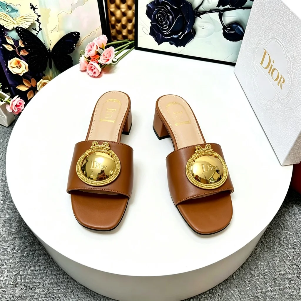 DIOR Slides Calf Leather Brown-Gold EU35-39 A70202609110918 - Image 5