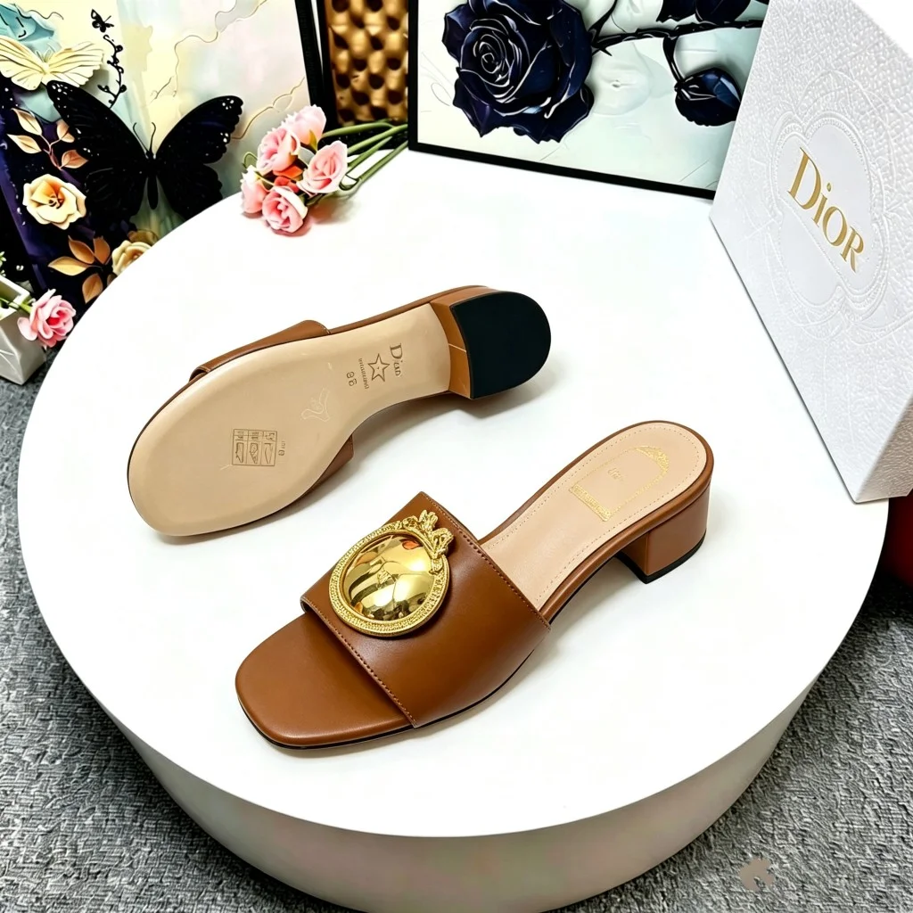 DIOR Slides Calf Leather Brown-Gold EU35-39 A70202609110918 - Image 7