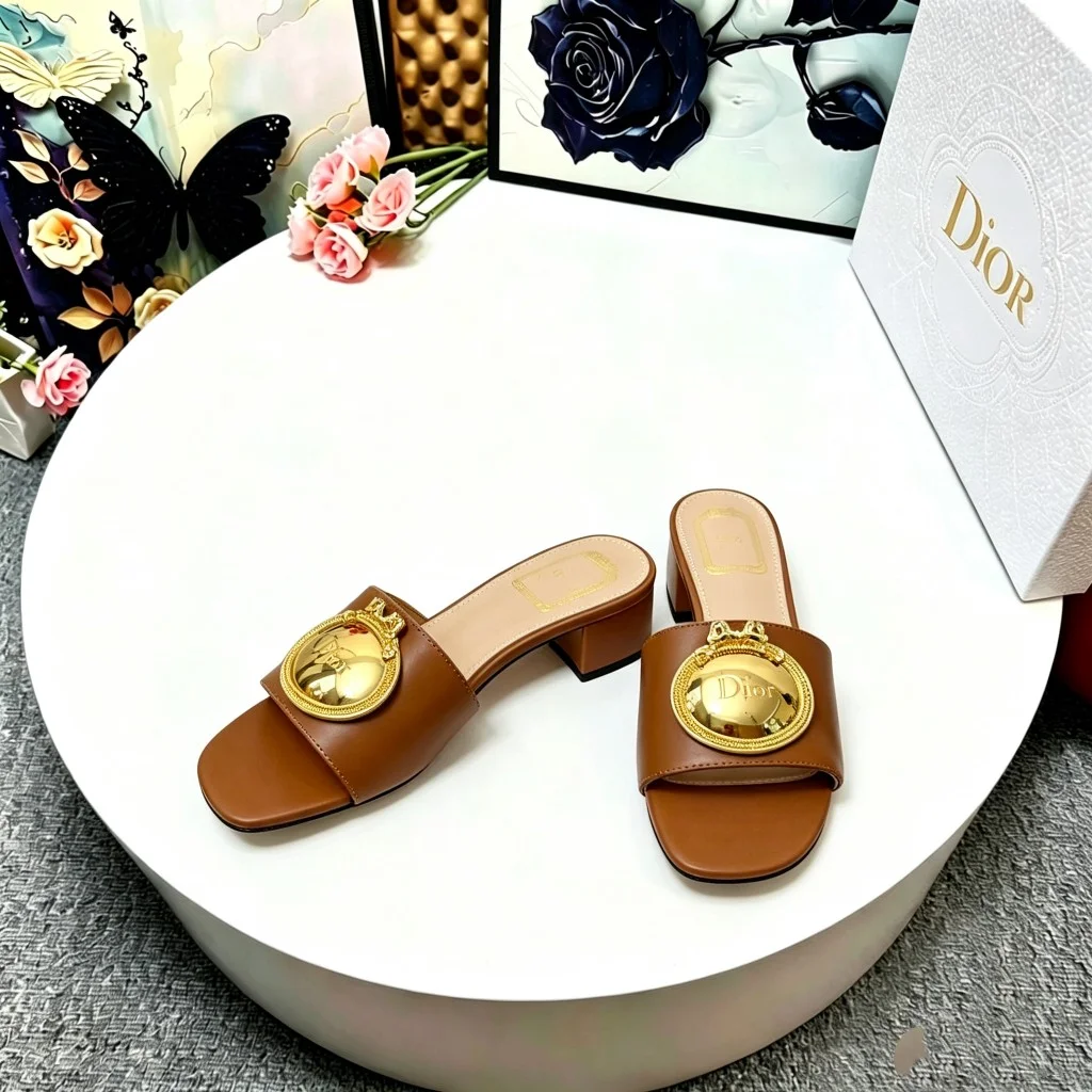 DIOR Slides Calf Leather Brown-Gold EU35-39 A70202609110918 - Image 8