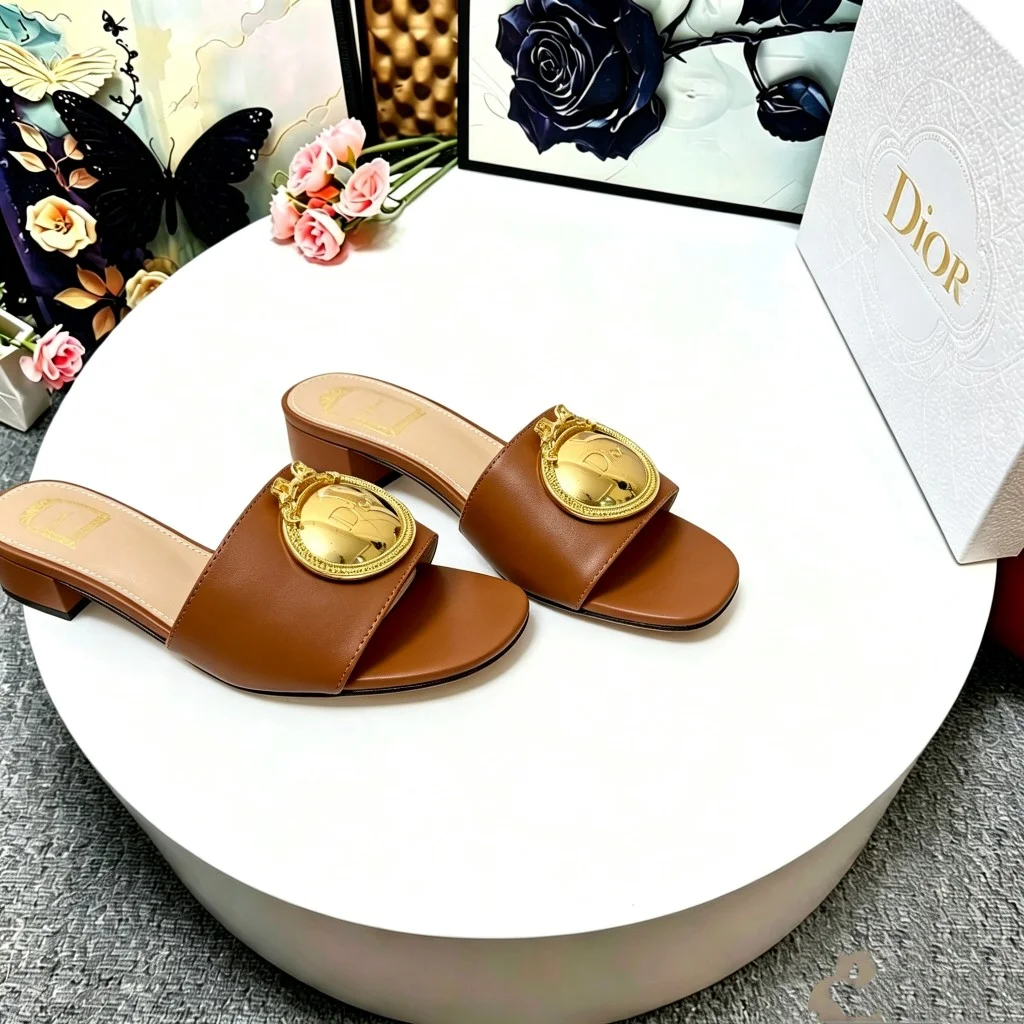 DIOR Slides Calf Leather Brown-Gold EU35-39 A70202609110918 - Image 9