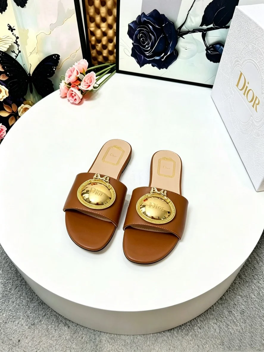 DIOR Slides Calf Leather Brown-Gold EU35-42 A60202609110914 - Image 4