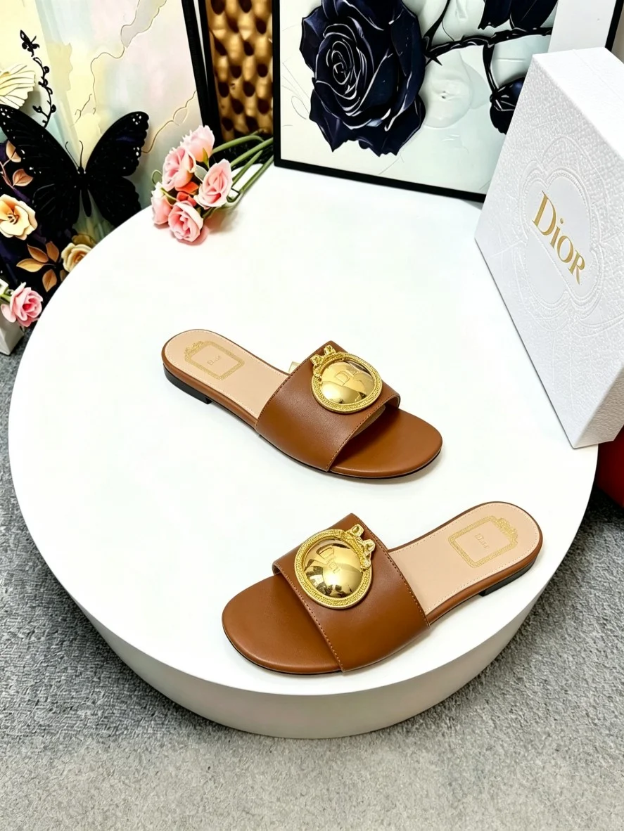 DIOR Slides Calf Leather Brown-Gold EU35-42 A60202609110914 - Image 9