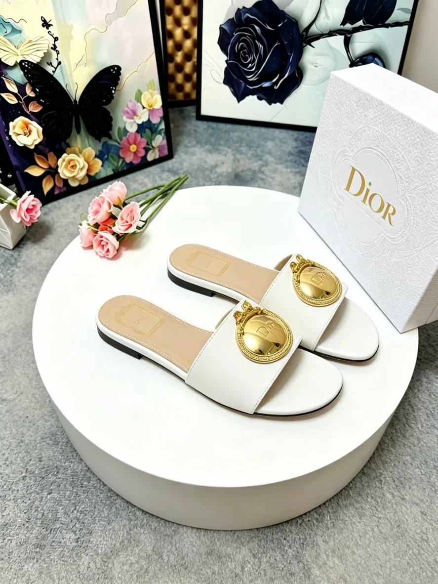 DIOR Slides Calf Leather White-Gold EU35-43 A60202609110913 - Image 3