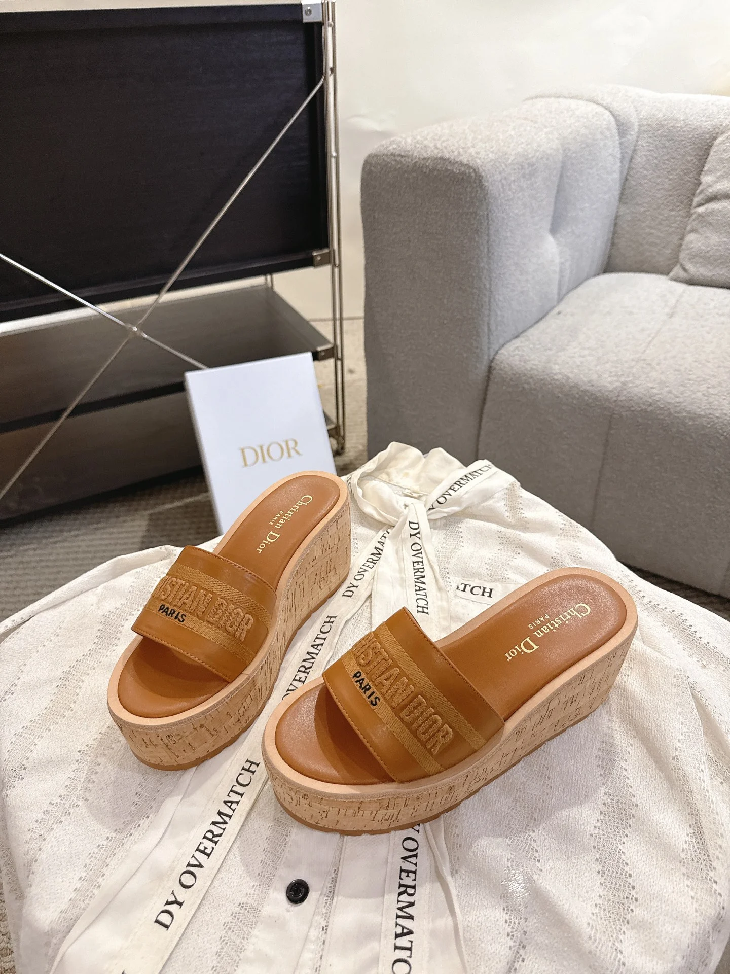 DIOR Slides Calfskin Leather Brown-Beige EU35-41 B50202609111784 - Image 7